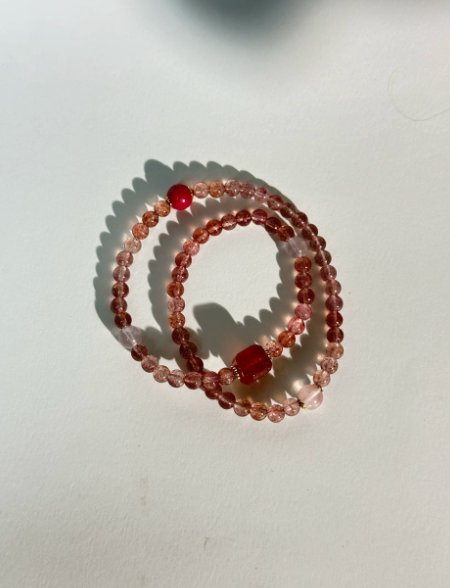Strawberry Quartz Beaded Bracelet, Labradorite 14k Gold-Plated Double Loop Bracelet, Sweet-Style Outfit Classic Accessory