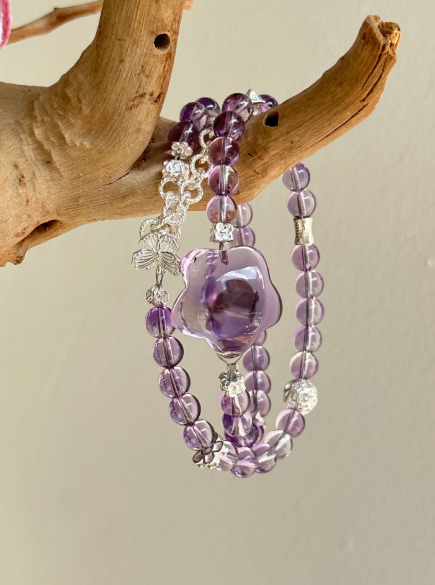 pure purple water · original design natural amethyst bracelet for women, double loop beaded bracelet