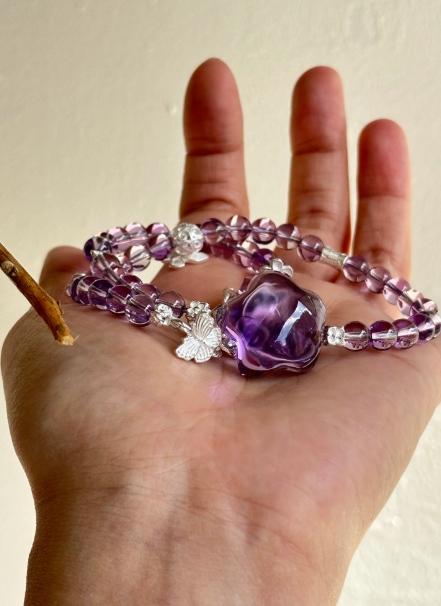 pure purple water · original design natural amethyst bracelet for women, double loop beaded bracelet