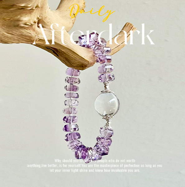 dawn after dark natural brazilian amethyst and clear quartz bracelet