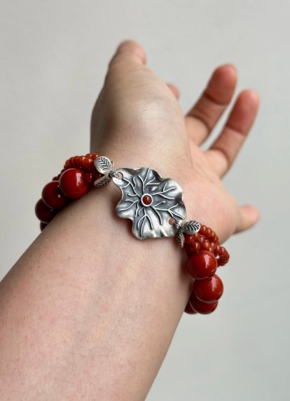 Natural Southern Red · Original Design [Full of Luck] Nearly Full Red and Full Meat Handmade Bracelet with Thai Silver Bringing Fortune and Auspiciousness